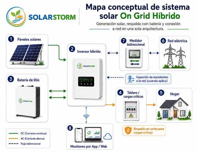 Diagrama de funcionamiento del Kit Solar On Grid Híbrido 8kW con paneles solares, batería, inversor, vivienda y red eléctrica